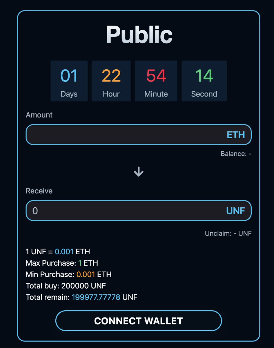 Unifi_Finance's tweet photo. 🌀 SECOND PHASE

UniFi's $UNF Pre-sale has officially move on to the Public phase:
🫡 Anyone can participate without any conditions.
💸 Price: 0.001 ETH / $UNF

Hurry while supply are still available:
https://t.co/ln5qMjHhzo

#UNF #UniFi $UNF https://t.co/t8cr05KktZ