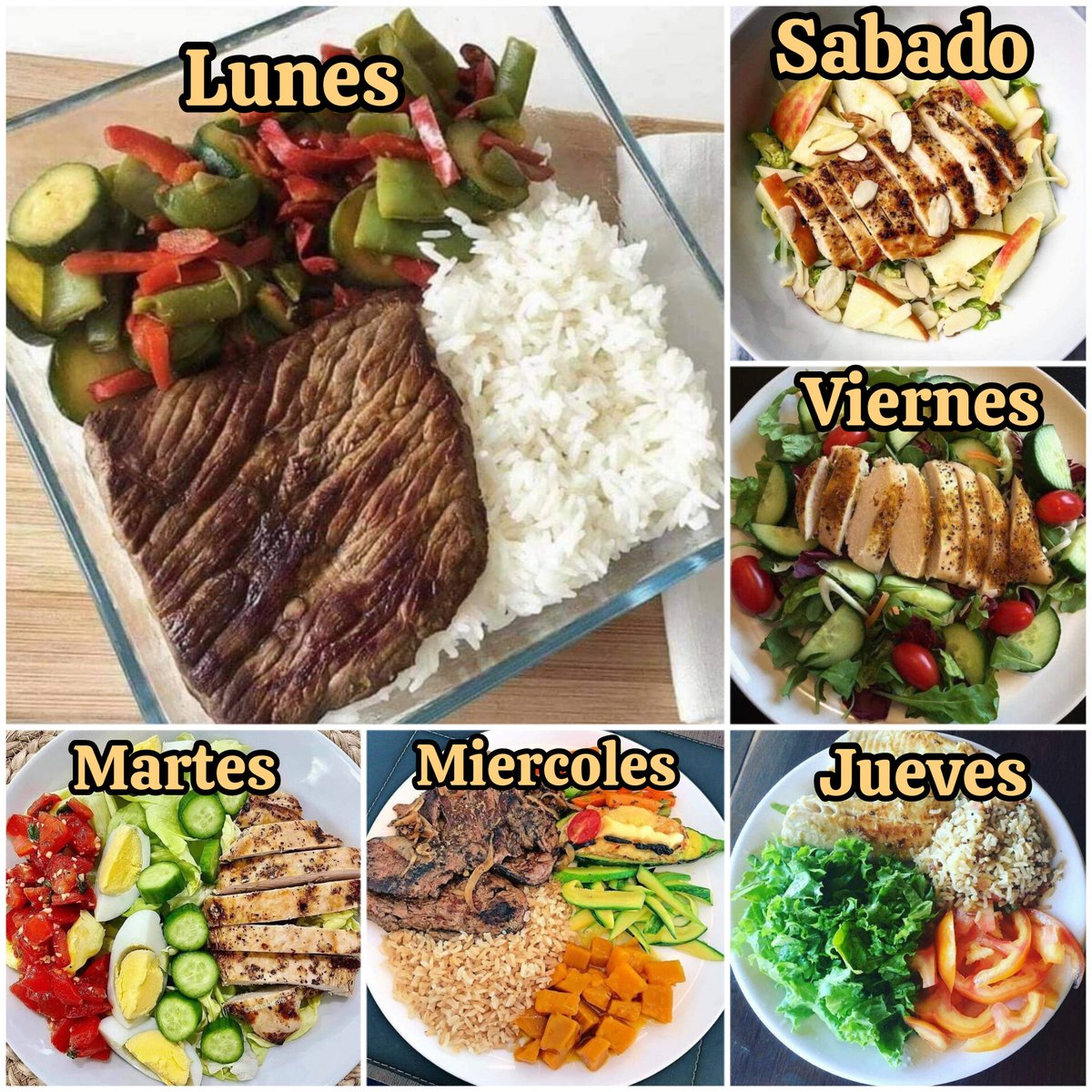 NutriologoGiron's tweet photo. Almuerzos para tu semana

Lunes
Carne
Arroz
Verduras guisadas

Martes
Pechuga
Huevo 
Verduras

Miércoles
Carne
Arroz
Aguacate
Verduras

Jueves
Pechuga
Quinoa
Aguacate
Verduras 

Viernes
Pechuga
Verduras
Aguacate

Sábado
Pechuga
Verduras
Manzana https://t.co/FiwScg8NGE