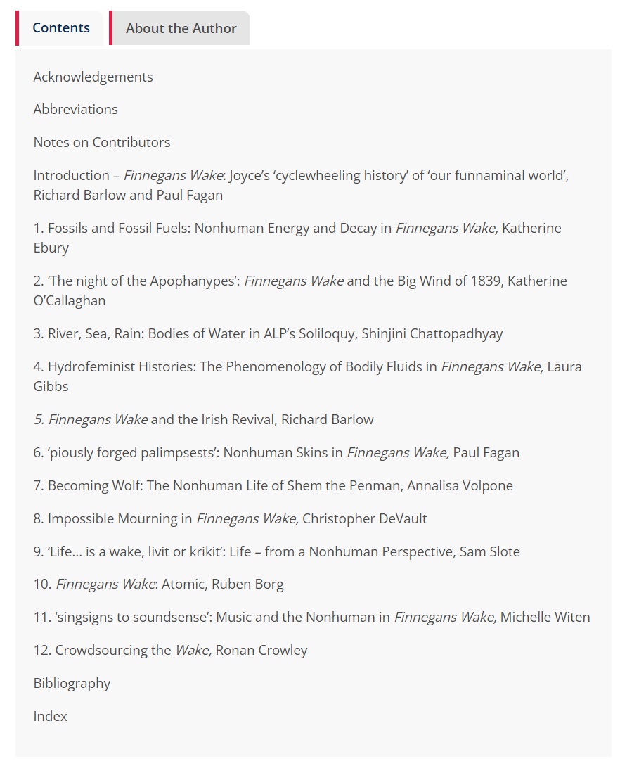 Check out the Table of Contents for 'Finnegans Wake: Human and Nonhuman Histories', a collection of essays I edited with @ra_barlow, out this year from @EdinburghUP! Features fantastic work on environments, animals, technologies & vibrant matter in FW 🔗edinburghuniversitypress.com/book-finnegans…