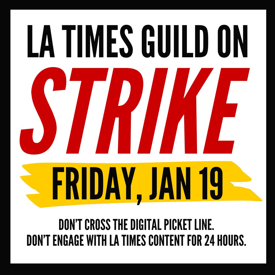 Washington-Baltimore News Guild (@wbng32035) on Twitter photo 📢 In solidarity with <a href="/latguild/">L.A. Times Guild 🦅</a>, DON’T CROSS THE DIGITAL PICKET LINE 📢
DO NOT:
1) Click on LAT stories
2) Engage with LAT brand accounts on social media
3) Open LAT news alerts
Solidarity forever!! ✊ 📢 In solidarity with <a href="/latguild/">L.A. Times Guild 🦅</a>, DON’T CROSS THE DIGITAL PICKET LINE 📢
DO NOT:
1) Click on LAT stories
2) Engage with LAT brand accounts on social media
3) Open LAT news alerts
Solidarity forever!! ✊
