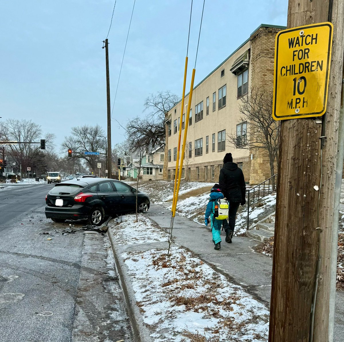LauraGMitchell's tweet photo. Nothing quite like finding two recently smashed cars on our walk to school… with one up on the sidewalk. 

I’m not sure the specifics on these crashes, but 35th St is in dire need of traffic calming. This stretch is up for reconstruction, but won’t begin until 2027-28. https://t.co/v0gYoYLKqA