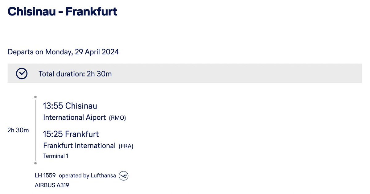 Great news for Moldova!
Commencing April 29, citizens can benefit from 4 weekly flights to Frankfurt, with an increased frequency of 5 weekly flights effective May 23.
Welcome back, <a href="/lufthansa/">Lufthansa</a>!
