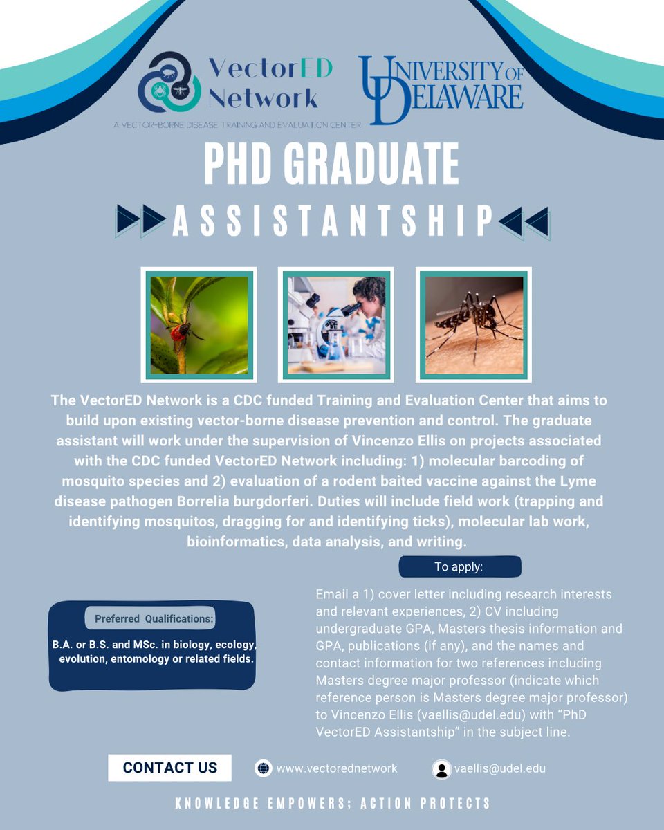 VectorEDNetwork's tweet photo. Exciting new opportunity with the VectorED Network at the University of Delaware!
#vectorEDnetwork #vectorbornediseases #vectoreducation #vectorjobs #careeropportunities #publichealth #cdc #centersofexcellence #universityofdelaware #phd #phdstudent #phdstudentopenings https://t.co/RlndsjGSlD