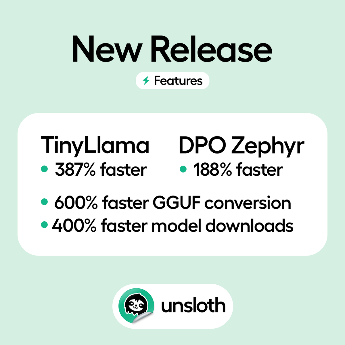 UnslothAI's tweet photo. • Finetune 387% faster TinyLlama
• 600% faster GGUF conversion
• 188% faster DPO
• 400% faster model downloads

All part of the new Unsloth AI release! 🦥

Read our blog: https://t.co/TaR0dcD8we https://t.co/LafJBZb0ma