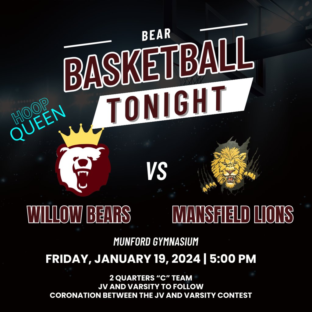 It is Game Day and Hoop Queen!!!
Game time 5:00 with 2 quarters being played of the "C" team.  JV and Varsity to follow.  Coronation will be held before the Varsity game.  Join the Bear Media Team tonight for the live broadcast.
youtube.com/live/2xSxGbC2z…