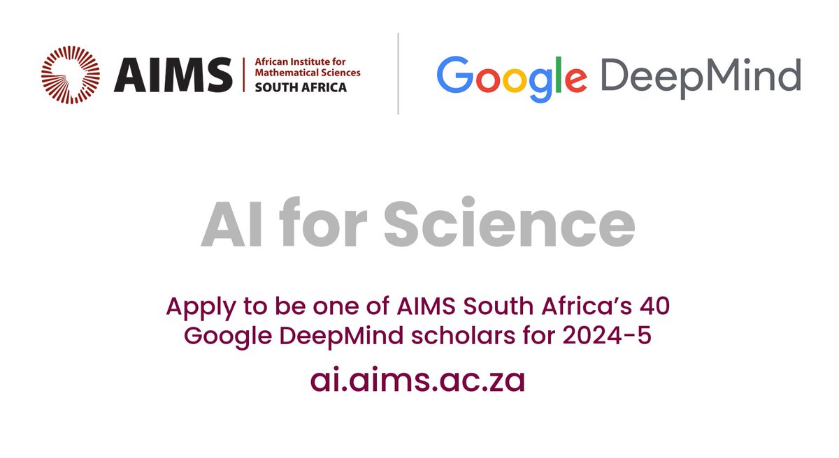 Applications are now open for our AI for Science Master's program 🧪! Thanks to @GoogleDeepMind there are 40 full scholarships available to students from across Africa 🎓. The cherry on top - 1:1 mentorship by @GoogleDeepMind researchers 🍒 More details: ai.aims.ac.za