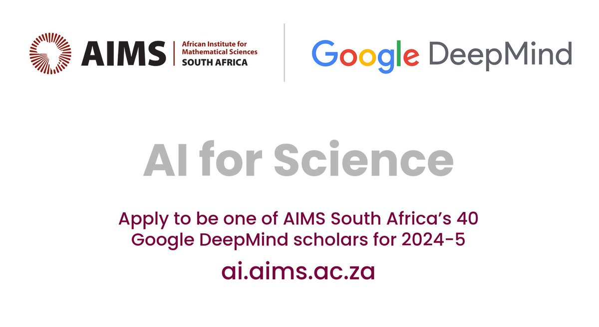 AIMSacza's tweet photo. Applications are now open for our AI for Science Master's program 🧪!

Thanks to @GoogleDeepMind there are 40 full scholarships available to students from across Africa 🎓. The cherry on top - 1:1 mentorship by @GoogleDeepMind researchers 🍒

More details: https://t.co/dl4lF58hFm https://t.co/dzSKAyepX5