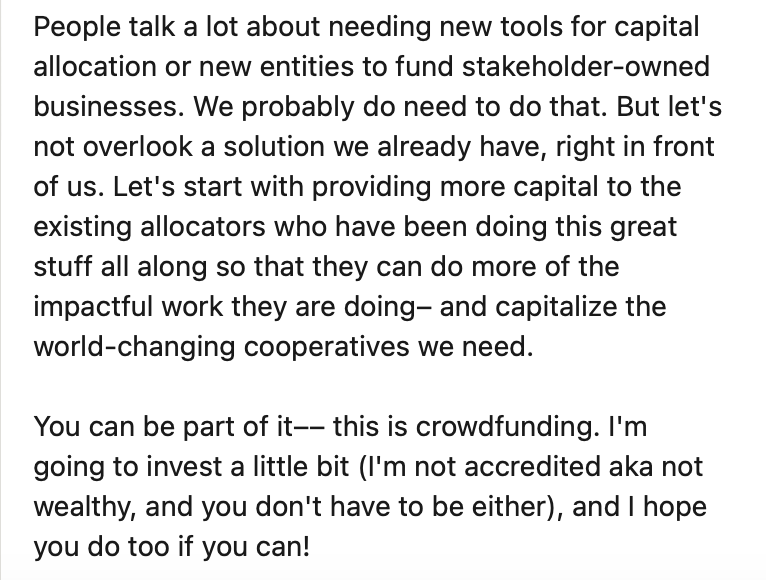 Shared Capital Co-op (@shared_capital) on Twitter photo A sincere thank you to Erik of <a href="/TheDriversCoop/">The Drivers Cooperative</a> Erik is supporting our investment campaign to help us meet a wave of co-ops starting and converting. Every dollar counts!
We have 45 years of providing capital to co-ops and have never lost an investor dollar.
#gocoop #cooperatives A sincere thank you to Erik of <a href="/TheDriversCoop/">The Drivers Cooperative</a> Erik is supporting our investment campaign to help us meet a wave of co-ops starting and converting. Every dollar counts!
We have 45 years of providing capital to co-ops and have never lost an investor dollar.
#gocoop #cooperatives