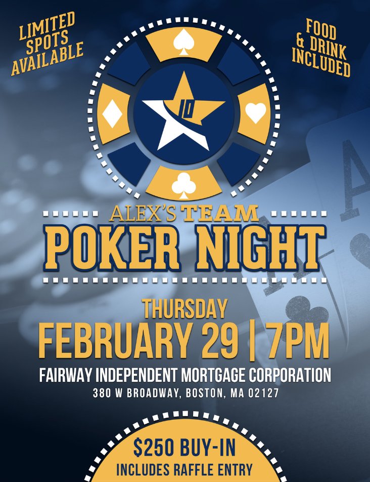 Alexs_Team's tweet photo. There’s still time to buy into our Texas Hold’em tournament on Thursday, February 3rd! Limited spots are available with a buy-in at $250 which includes food, drinks, and one entry into our Boston experience raffle. Learn more here: https://t.co/zf7DXxjIao https://t.co/IjyYytlw7g