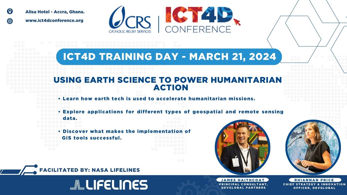 Sign up for the #ICT4Dtrainingday happening on March 21 to take part in some amazing practice focused sessions!
ict4dconference.dryfta.com/16995249561/89…

Using Earth Science to Power #HumanitarianAction facilitated by @__Lifelines_  is one of the impressive sessions being featured! 

#ICT4D2024