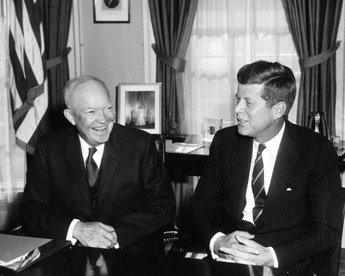 Eisenhower welcomes Kennedy to Oval Office on day before inauguration, today 1961: