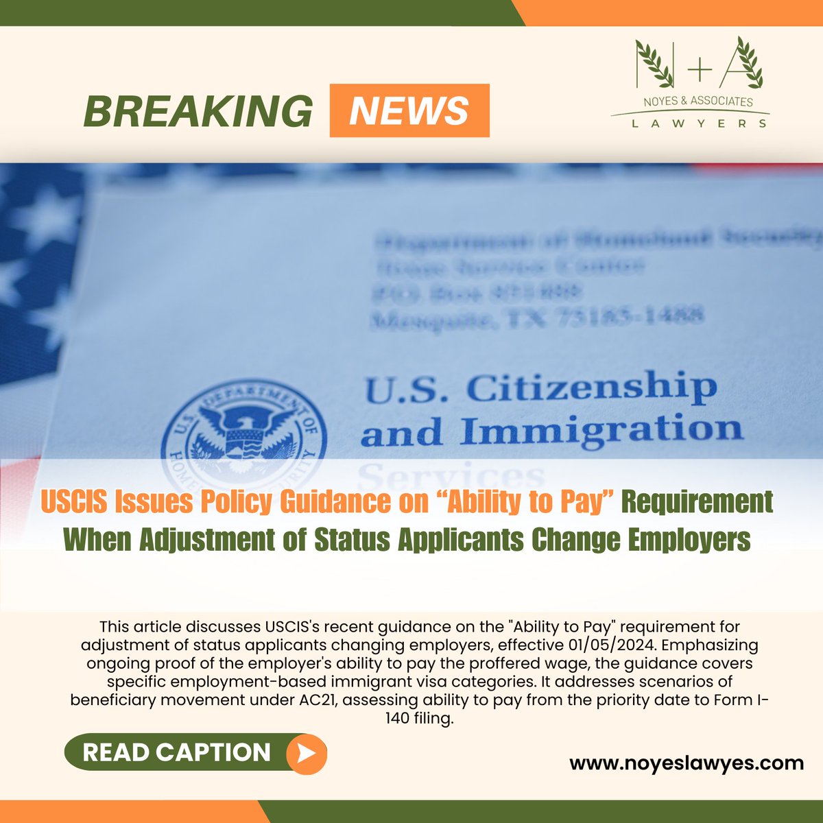 NoyesAssoclaw's tweet image. 🚨 New USCIS guidance on &apos;Ability to Pay&apos; for status adjustment applicants changing employers. 

 📑 Need help navigating these changes? 

Contact Noyes &amp;amp; Associates. 📞 203-572-6748 

#USCISUpdate #ImmigrationLaw