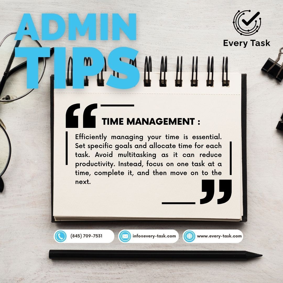 everytaskusa's tweet image. ADMIN TIP: Efficiently managing your time is essential. Set specific goals and allocate time for each task. Instead, focus on one task at a time, complete it, and then move on to the next.
every-task.com 

#everytask #virtualassistant #getorganized #businesssupport