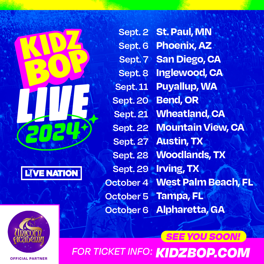 BIG NEWS: The KIDZ BOP Kids are TAKING OVER your city this summer on the #KIDZBOPLIVE 2024 Tour, sponsored by Unicorn Academy! 🎤 🎉 🎫 Presales begin Monday, Jan 22 🎫 Tickets go on sale Friday, Jan 26 👀 Follow along all week for more info! Swipe to see when we're coming to…