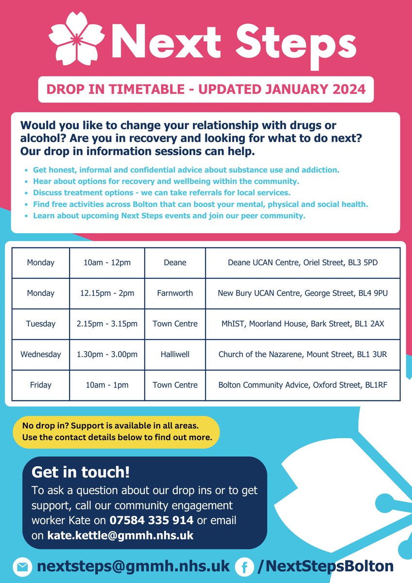 We are streamlining our drop in timetable over the next couple of months. Please see below for the updated list, which starts Monday 22 January. We still cover all areas of Bolton, you can use the contact details on the poster if you need some support or have any questions.