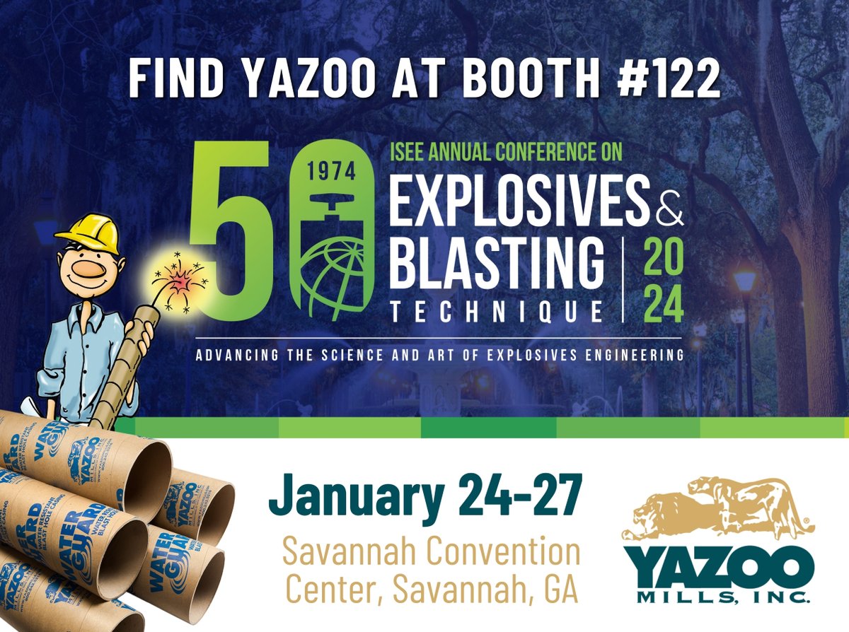 It's going to be a blast at the 50th annual #ISEE conference! 🧨💥
Visit #YazooMills at Booth 122 from January 24-27 at the Savannah Convention Center, Savannah, GA! Learn about our custom-made-to-fit, water-resistant #blastcasings designed for any size blasting hole.