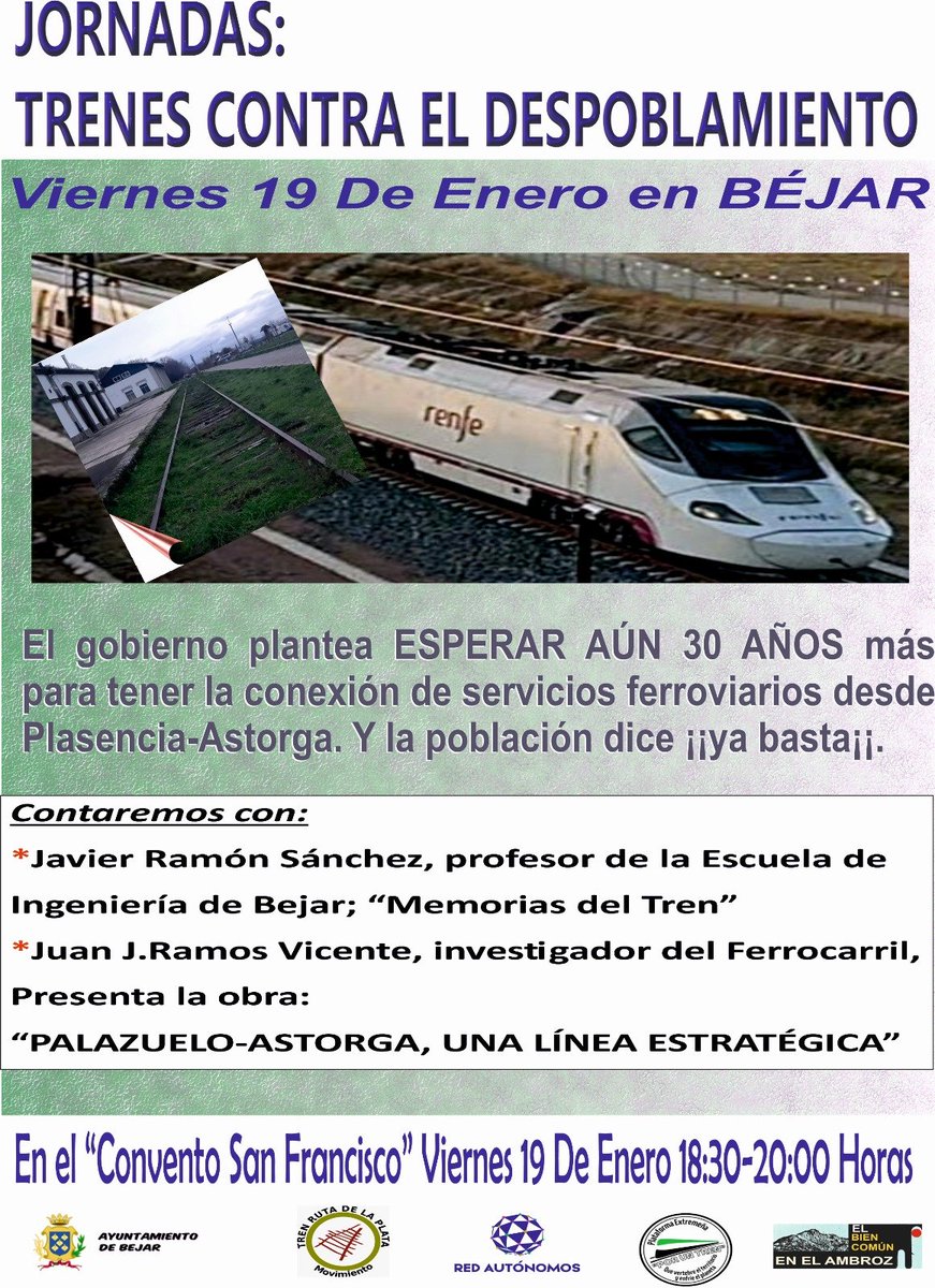 Jornadas Trenes contra el despoblamiento
Hoy viernes 19 en #Béjar

#ferrocarril
@PCM_Prof_Tecns 
@CCOO_FER 
@IzquierdaUnida