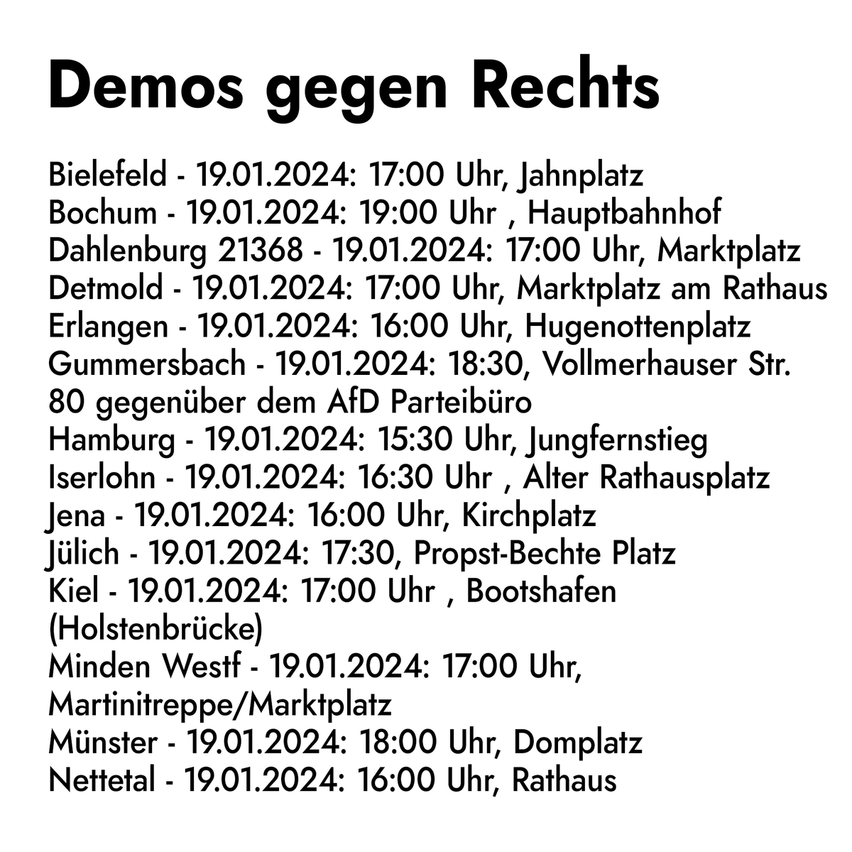 Seit den #Correctiv Enthüllungen sind über 120 tausend Menschen auf die Straße gegangen. Die Welle geht dieses Wochenende weiter mit Protesten in rund 140 Städten! In vielen Bündnissen sind #FridaysForFuture Gruppen beteiligt. Alle kommenden Demos: zusammen-gegen-rechts.org 1/10