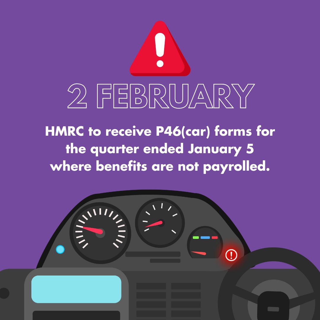 You can’t ignore this warning light! ⚠️

Make sure your P46(Car) forms for the quarter that ended on 5 January reach HMRC by 2 February, if the benefits are not payrolled.

Contact us for support.

#CompanyCar #TaxDeadlines