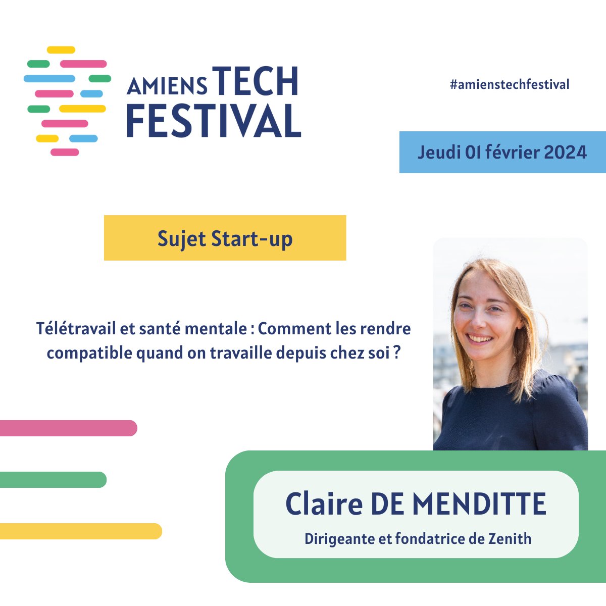 Annonce Speaker📢
🎙️« Télétravail et santé mentale : Comment les rendre compatible quand on travaille depuis chez soi ? », conférence animée par Claire DE MENDITTE🚀
Réservez vos places ici👉🏻amienstechfestival.fr

#amienstechfestival #conference #tech #entrepreneuriat #startup