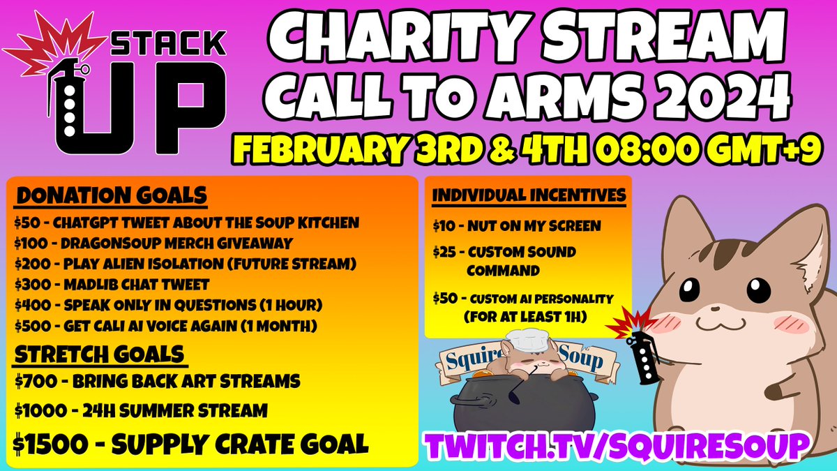 SquireSoup's tweet image. What do we want? Games! Who deserves them? EVERYONE! Join me in raising money for deployed troops and veterans with @StackUpDotOrg on February 3rd &amp;amp; 4th JST (GMT+9) twitch.tv/squiresoup #twitch #charity