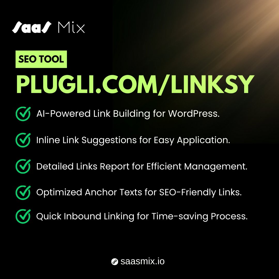 Boost Your SEO with Linksy - The AI-Powered Link Building WordPress Plugin.

#SEO #SearchEngineOptimization #LinkBuilding #WordPress #Plugin #Linksy #SaaSMix