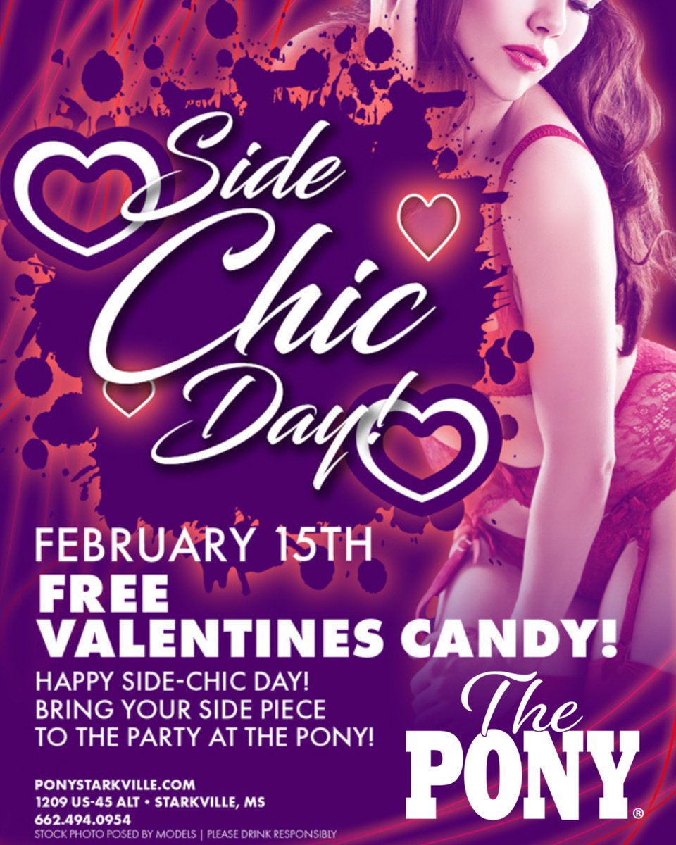starkvillepony2's tweet photo. We're celebrating National #SideChicDay with #SharZayn!
Come out and have some fun with us! 
Free Valentines Day Candy when you bring your side piece to The Pony-Starkville!💋
.
.
.
#SidePiece #SideChic #ValentinesDay #deuce #ThePony #Starkville #StarkVegas #JerryWestlundPresents https://t.co/PSE0SkZlup