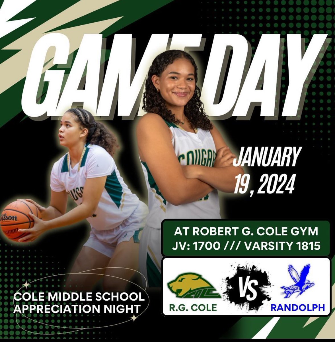 RIVAL GAME TODAY!!!!Come out and support your Lady Cougars in the Robert G. Cole gym this evening! It’s also middle school appreciation night!!! See you there! 🔥🔥#AICW 
🗣️: Jv
⏰: 5pm
🗣️: Varsity
⏰: 6:15