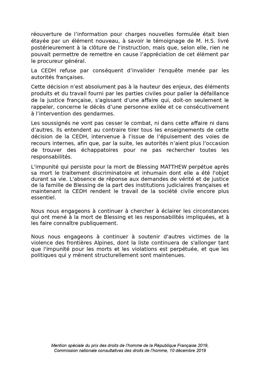 La CEDH ne répond pas à la demande de vérité pour Blessing MATTHEW (CP avec <a href="/BorderForensic/">Border Forensics</a>). 
 
L'impunité  qui persiste pour la mort de Blessing MATTHEW perpétue après sa mort le  traitement discriminatoire et inhumain dont elle a été l'objet durant  sa vie.