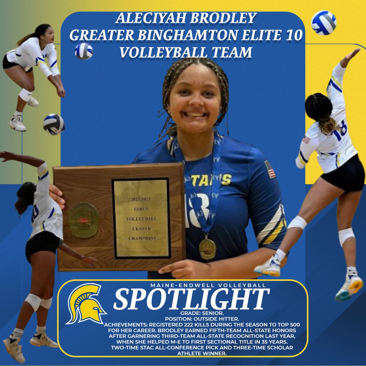 Congratulations to Aleciyah Brodley on being selected as a member of the 2023 Greater Binghamton Elite 10 Volleyball Team! #GOSPARTANS <a href="/MECSDSpartans/">Maine-Endwell</a> <a href="/MESpartan300/">Spartan 300</a> <a href="/MGeraldWilson/">Mark Wilson</a> <a href="/EricaStaiger/">Erica Staiger</a> <a href="/tballard0016/">Tony Ballard</a> <a href="/pressconnects/">pressconnects</a> <a href="/STACscores/">STAC scores</a>