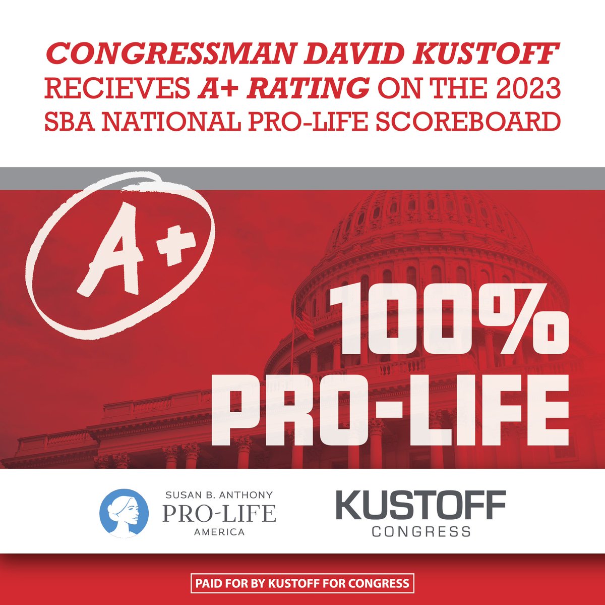The fight for Life is a fight that I will never give up on. As your Congressman, I have a proven track record of defending the unborn in Washington, which is why I received an A+ rating from Susan B. Anthony Pro-Life America! 👣🇺🇸