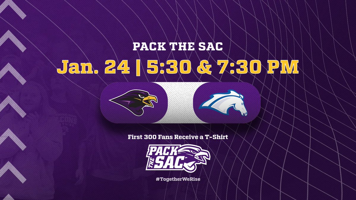 UMFalcons's tweet photo. 🟣PACK THE SACK🟡

Be sure to help us Pack The Sac next Wednesday as @um_wbb takes on UAH at 5:30 and @montevallo_mbb at 7:30🗣️

#TogetherWeRise #PACKTHESAC https://t.co/W4pJHyH355