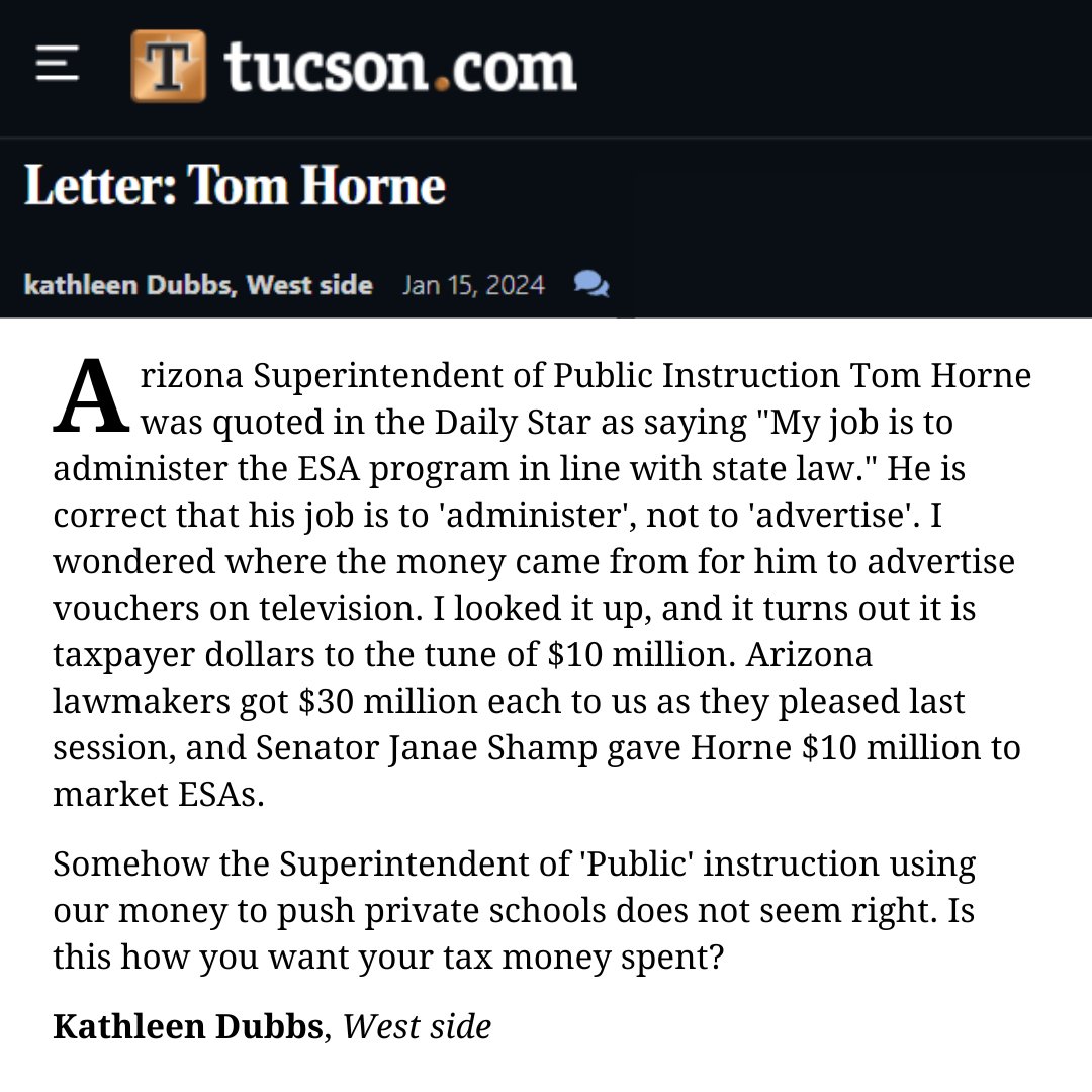 🔥 OPINION: “[Supt. Horne’s] job is to 'administer', not to 'advertise'. I wondered where the $ came from for him to advertise #vouchers on television. I looked it up, & it turns out it is taxpayer dollars to the tune of $10 million…Senator Shamp gave Horne $10M to market ESAs.'