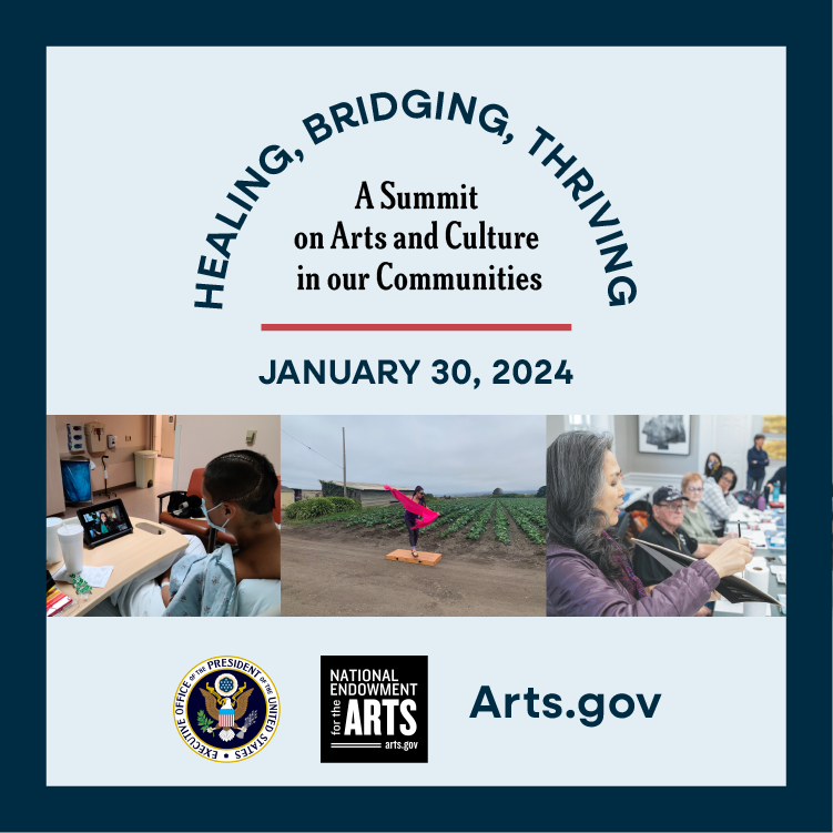 NEAarts's tweet photo. Join @NEAarts and the @WhiteHouse on Tues, Jan 30 for a summit to discuss how the arts and humanities can strengthen our communities and country to help us heal, bridge &amp; thrive! 

Sign up to be a virtual attendee: https://t.co/bhn5jMeIGX 

#HealBridgeThrive https://t.co/U2fs25OxAC
