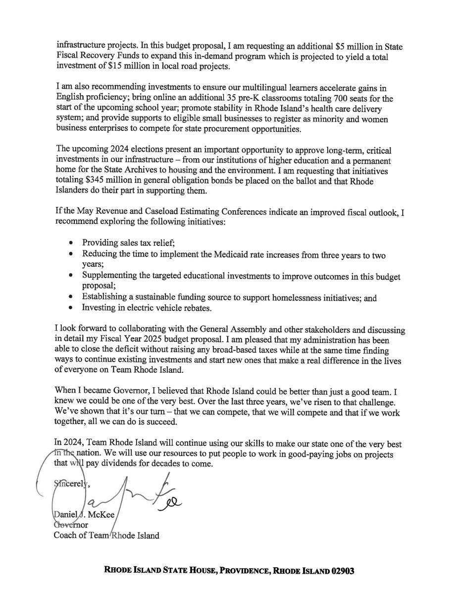 As Governor and a former coach, I view my budget proposal as a game plan for #TeamRhodeIsland's year ahead. Drafting the budget is a time to huddle with our teammates, reflect on what RI has accomplished and identify challenges we must address together. Read my budget letter: