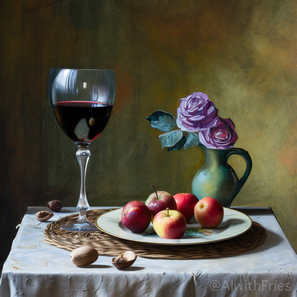 Still Life with Wine, Apples, and Roses in an Antique Vase

Immerse in the timeless elegance of this still life where the simplicity of nature meets the richness of tradition.

#StillLifeBeauty #ArtisticTableau #WineAndRoses #aiart #TechArt #aiartists #GenerativeDesign