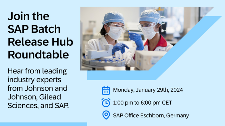 AndreaKaufmann's tweet photo. In just a half day hear from life science industry experts such as Gilead and Johnson & Johnson at the #SAP Batch Release Hub roundtable on January 29 at the SAP office in Eschborn. #lifesciences #batchrelease. Register Now! https://t.co/VlhWt8QIiM https://t.co/DrezT38bKa