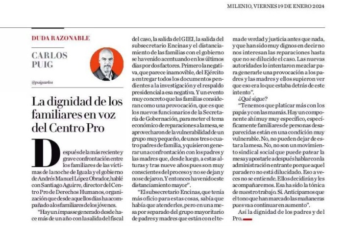 CentroProdh's tweet photo. Agradecemos a @puigcarlos por poner en el centro las demandas de verdad y justicia de las familias de #Ayotzinapa, hoy en su columna para @Milenio https://t.co/N04a6FtHtl