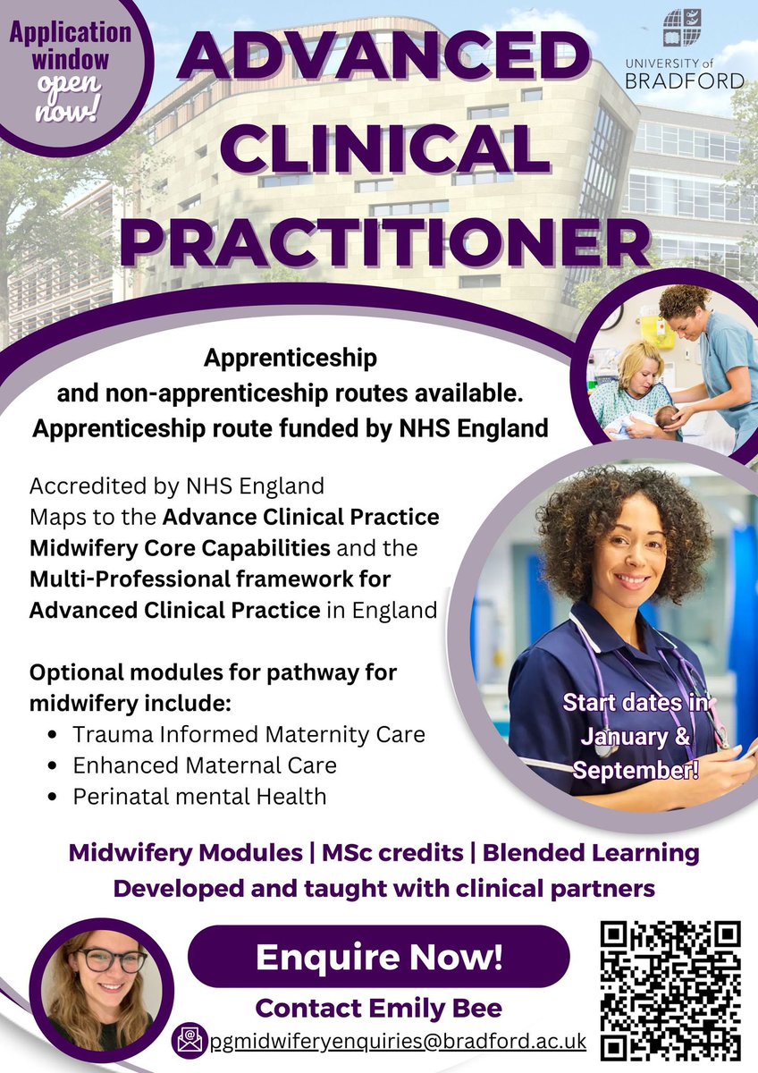 Applications are now open for postgraduate midwifery study @uob_midwifery. You can opt for a full MSc programme or individual Level 7 CPD modules. For further information please contact: pgmidwiferyenquiries@bradford.ac.uk #ACP #midwifery #pgmidwifery #cpd