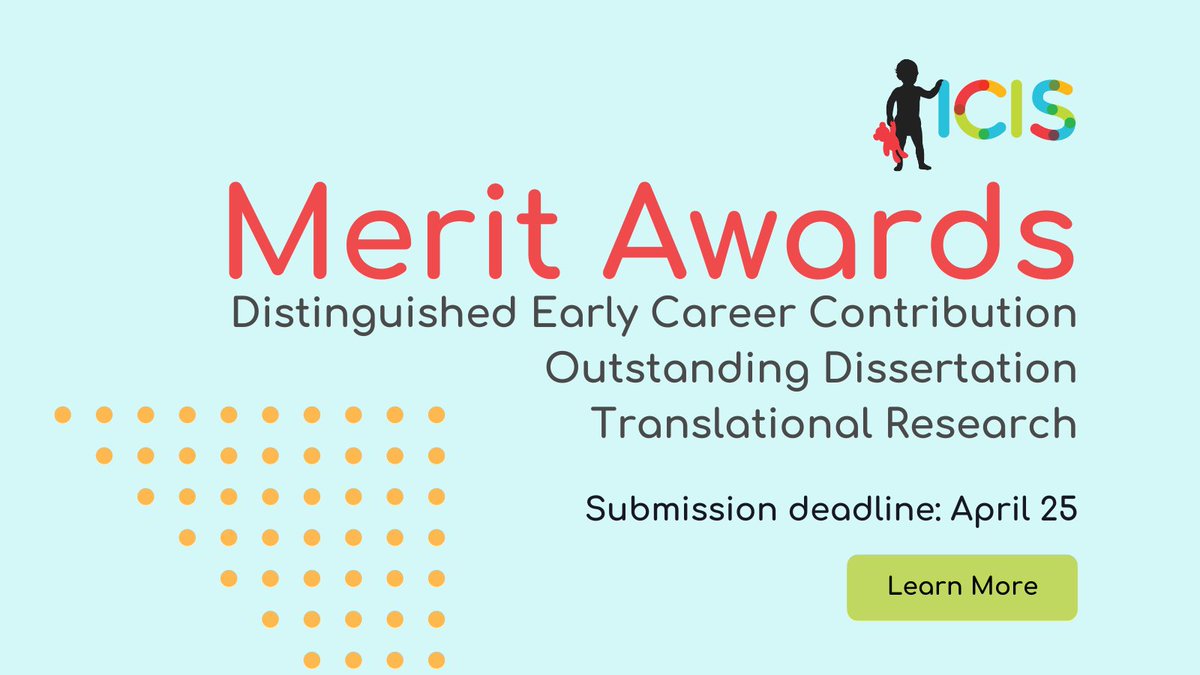 LAST WEEK to nominate for the Nominate for the Distinguished Early Career Contribution Award, Outstanding Dissertation Award and Translational Research Award. These awards celebrate excellence in #infantstudies. Nominations close April 25. infantstudies.org/merit-awards/