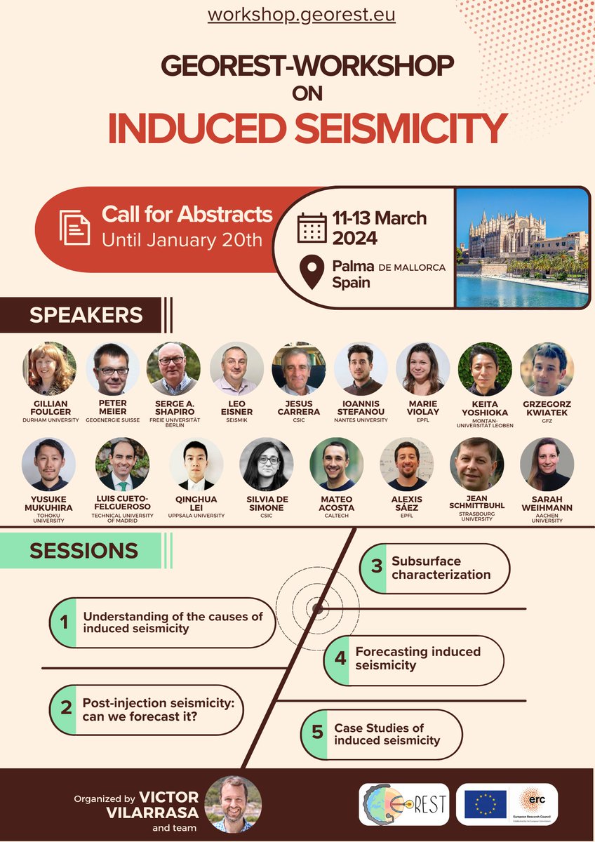 AlexisSaezU's tweet photo. Happy to share that I will be speaking  
at the GEoREST workshop on induced seismicity in Palma de Mallorca, Spain. It is organized by Victor Vilarrasa and his team from 11-13 March. Abstracts can be submitted until 20th January. Hope to see you there! https://t.co/zt5spmte6U https://t.co/pTbLKoM5XJ