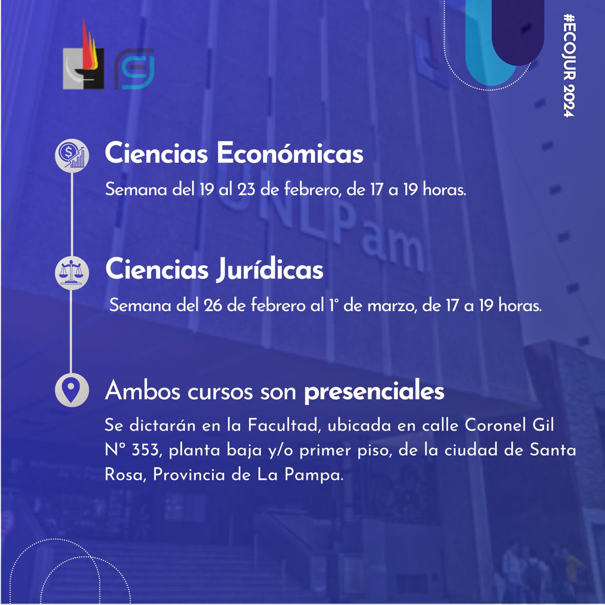 🎓Si comenzás a cursar alguna de nuestras carreras este 2024 no podés faltar al Curso de Ambientación. ✨

🤩👏 ¡Agendá la fecha, queda poco para comenzar este emocionante camino! 🚀🌟

#SomosUNLPam #SomosEcoJur
#Ingreso2024
