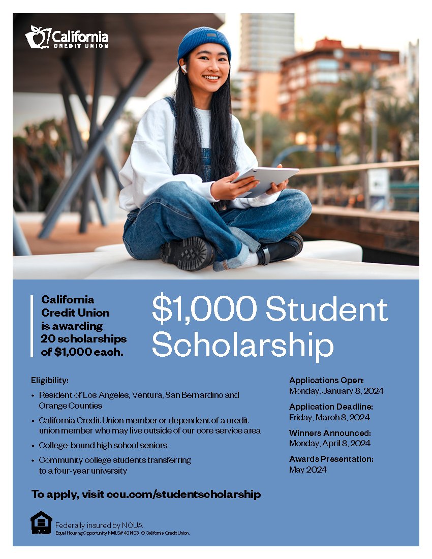🚨SCHOLARSHIP OPPORTUNITY🚨 @California_CU is awarding 30 $1,000 scholarships to students across Southern CA who demonstrate motivation in their academic pursuits and actively contribute to their schools and communities. More info: ccu.com/student-schola…