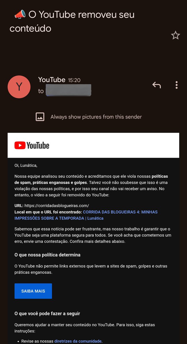 thatoneluisa's tweet photo. POIS MUITO QUE BEM

fui surpreendida agora há pouco com um e-mail do @YouTubeBrasil informando que meu vídeo do ANO PASSADO comentando o #CorridaDasBlogueiras foi removido por supostamente conter um "link malicioso". o link, na verdade, é o SITE OFICIAL de votação do reality. https://t.co/I9Z4VgWi3y