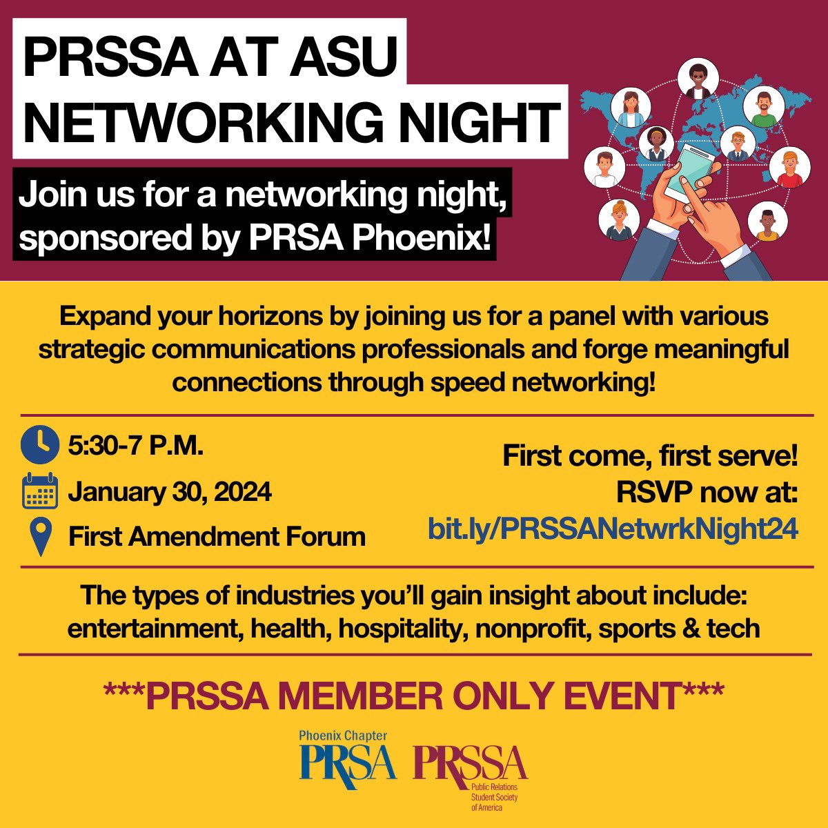 Want to work in strategic communications but not sure where to get started? 
🗓️ Join us on January 30 @ 5:30 p.m. in the First Amendment Forum for a networking night, sponsored by <a href="/PRSAPhoenix/">PRSA Phoenix</a> 
🔗 RSVP now at bit.ly/PRSSANetwrkNig…