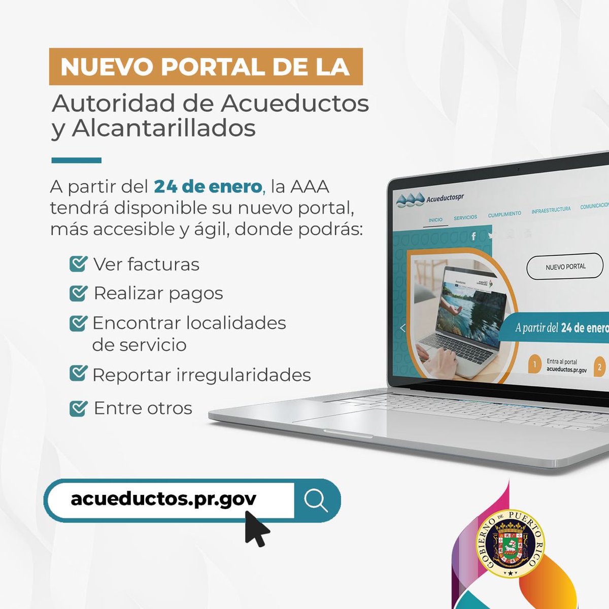 GovPierluisi's tweet photo. El nuevo portal de la @ACUEDUCTOSPR brinda una experiencia más ágil, navegación eficiente y servicios online ampliados para simplificar tu conexión con la AAA. https://t.co/gfqkST6RJW