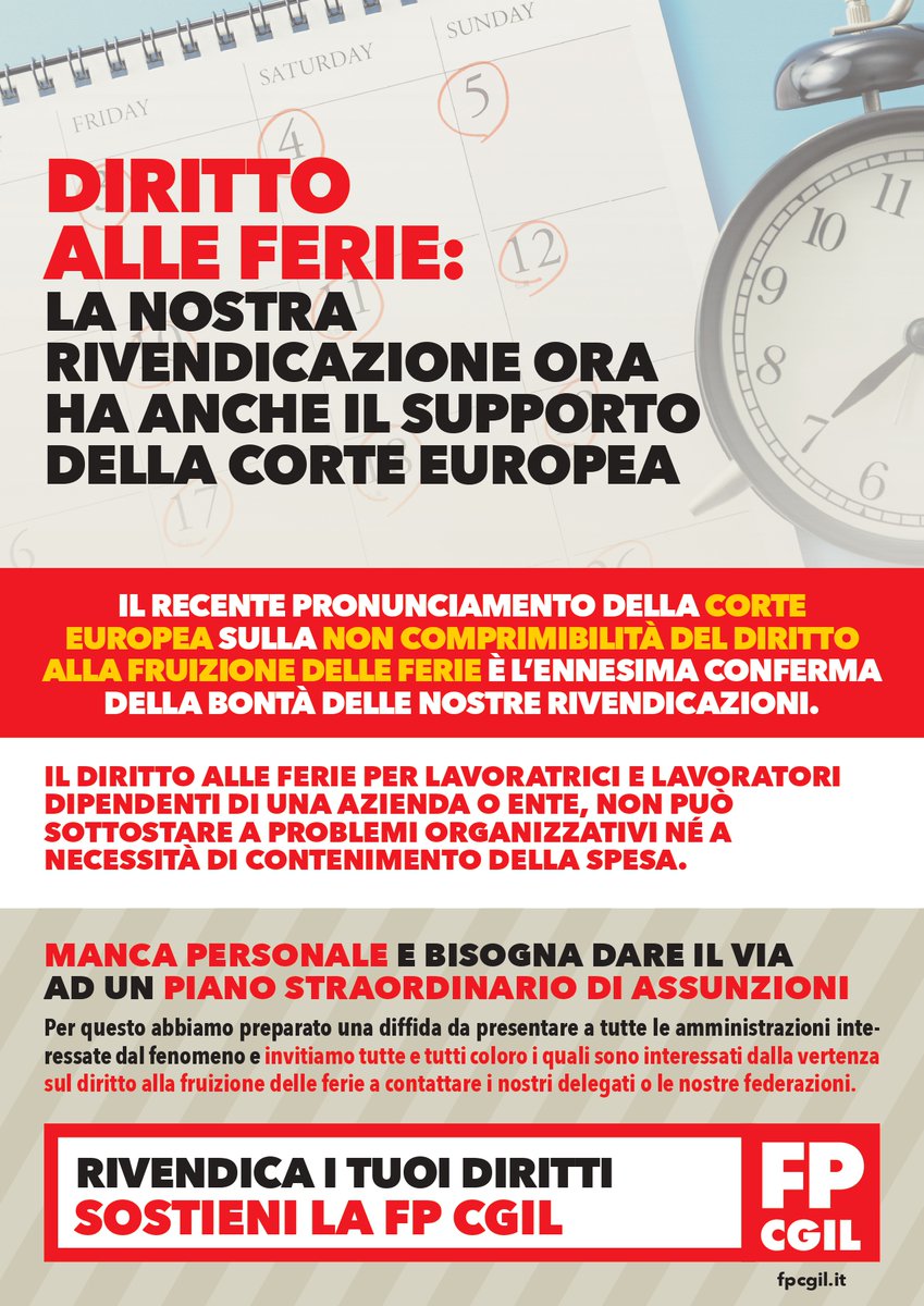 🟥 La nostra rivendicazione ha anche il supporto della Corte Europea: IL DIRITTO ALLE FERIE È INCOMPRIMIBILE! E non può sottostare a problemi organizzativi e di mancanza di personale. Invitiamo tutti quelli interessati dalla vertenza a contattarci. RIVENDICA I TUOI DIRITTI!