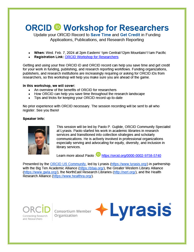 There’s still time to register for the upcoming ‘ORCID Workshop for Researchers’ on February 7 at 2pm. This workshop, hosted by @ORCID_Org and @LYRASIS, will cover the benefits of using ORCID. Learn more and register here: stonybrook.edu/commcms/propos…