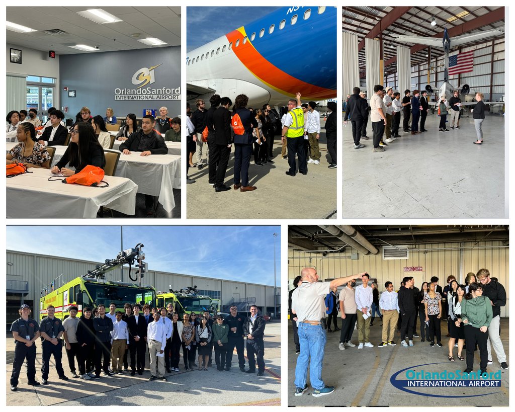 FlySFB's tweet photo. A day of discovery! Welcomed future tech stars from #CroomsAcademy for a unique behind-the-scenes experience at Orlando Sanford International Airport. Their energy and questions were as uplifting as takeoff! #CareerDay #TechEducation #OrlandoSanford #FlySFB https://t.co/tq9mruSsRb