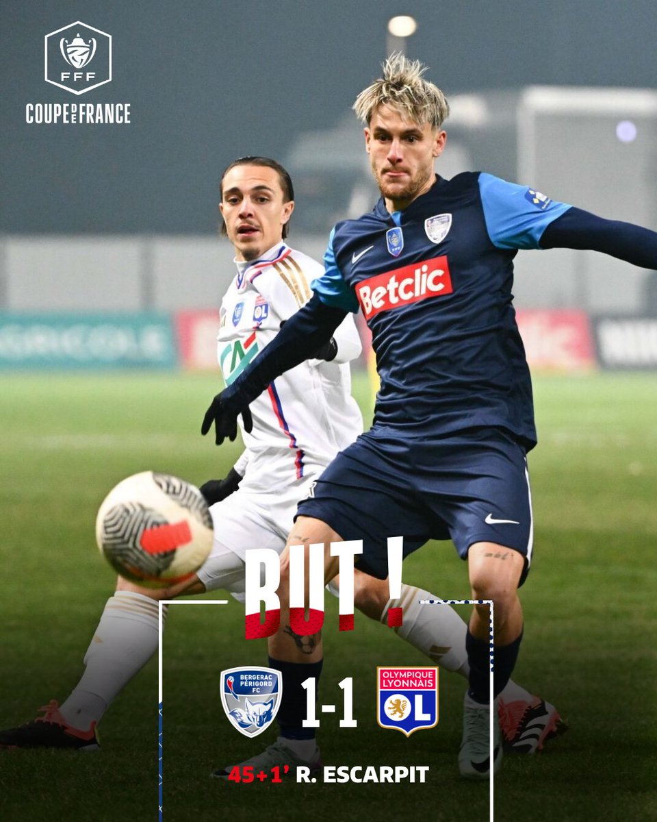 coupedefranceCA's tweet photo. Le @BPFC24 revient à hauteur !🙌
L'ancien lyonnais Romain Escarpit égalise juste avant la pause. 

#BPFCOL #CoupeDeFrance https://t.co/msygNMN3Gh